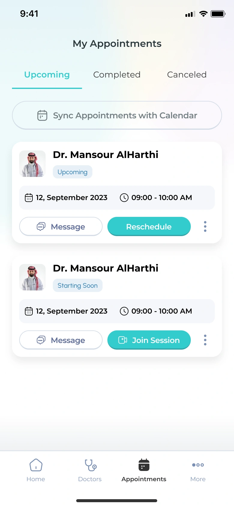Upcoming appointments, rescheduling and joining a session.