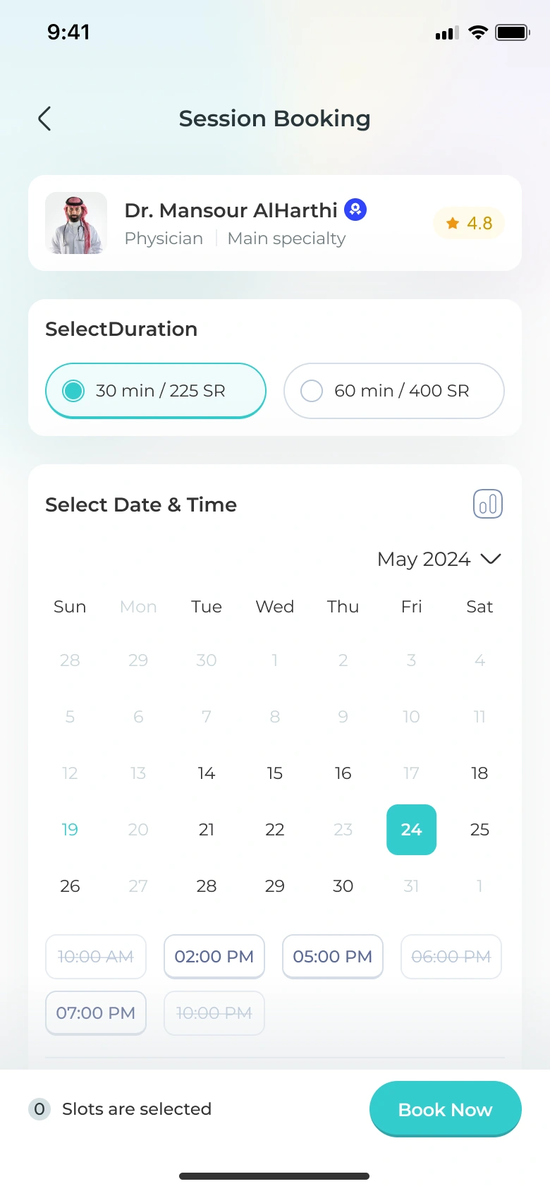 Choosing a session length, date and available time.