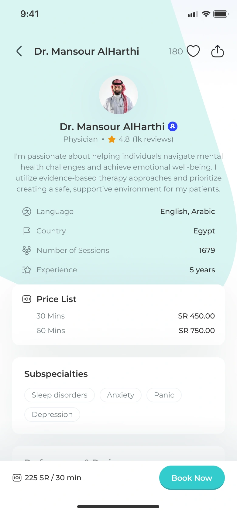 Expert profile, specialties and session options.