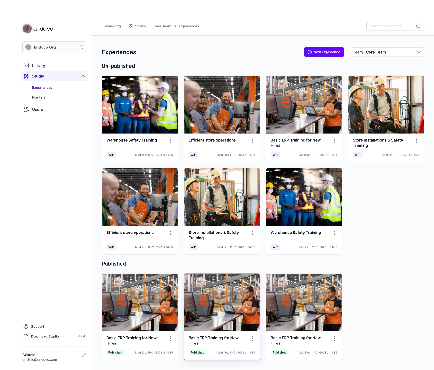 Enduvo SaaS P1 Studio: experience cards grouped into unpublished and published sections, with a team selector and New Experience action.