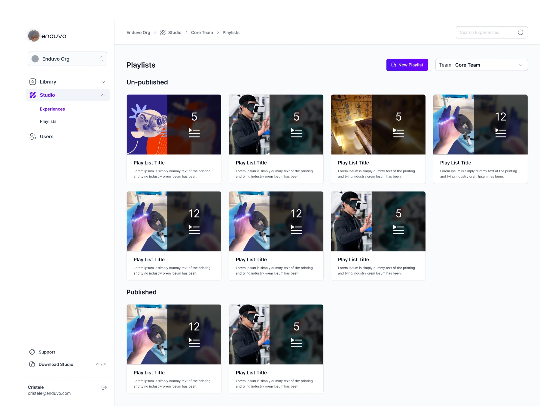 Enduvo SaaS P1 playlists: collection cards with image previews and experience counts, organized by publishing state.