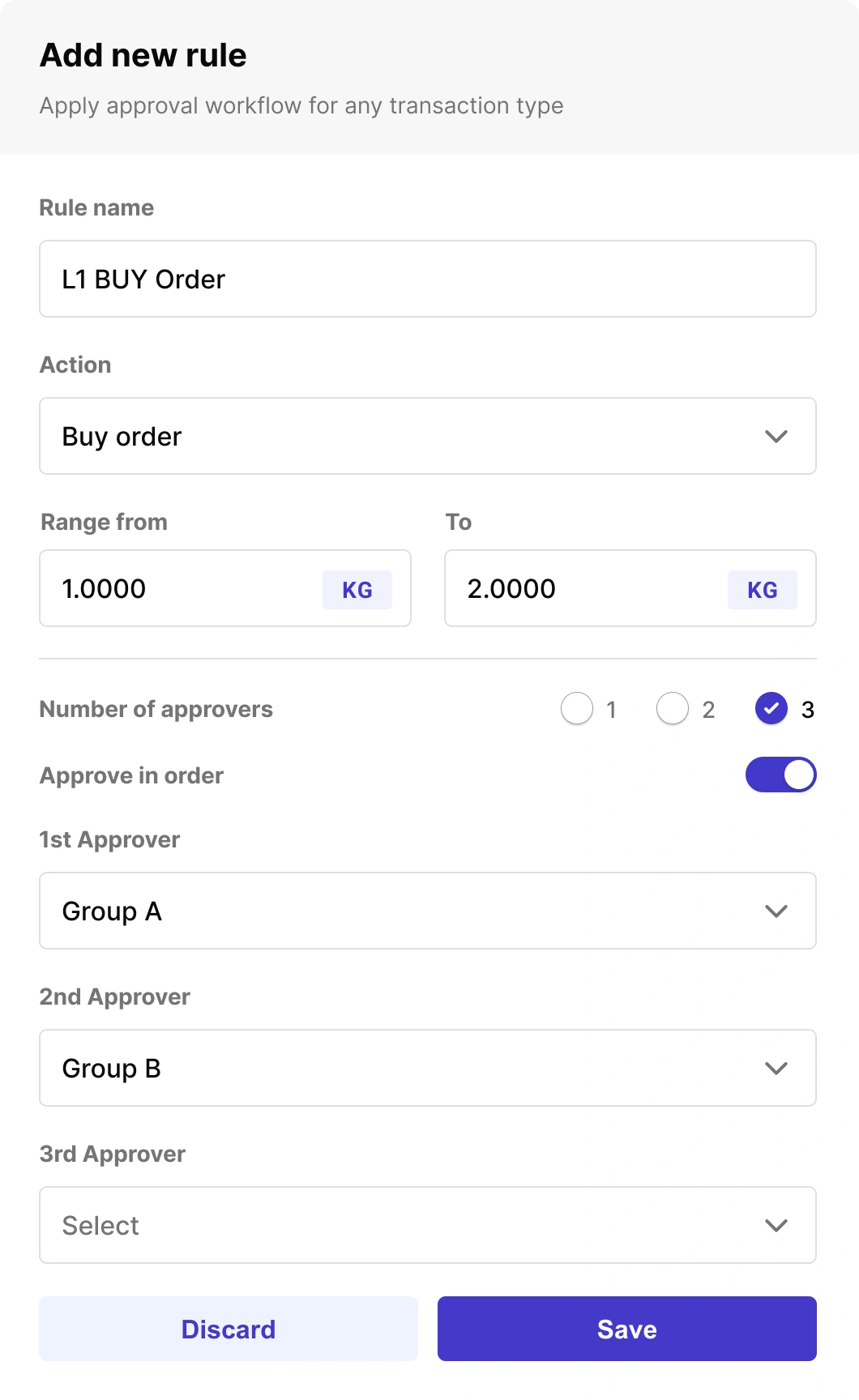 Enterprise rule configuration for a buy order, showing quantity range, number of approvers, approval ordering and approver groups.