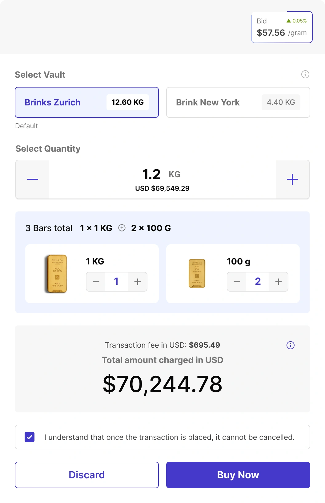 F&F live-buy flow showing vault selection, a 1.2 kg purchase split into three bars, transaction fee and final total.