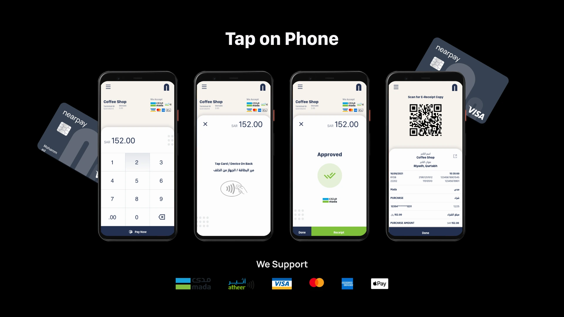 Tap-on-phone payment flow, from entering an amount to approval and receipt.