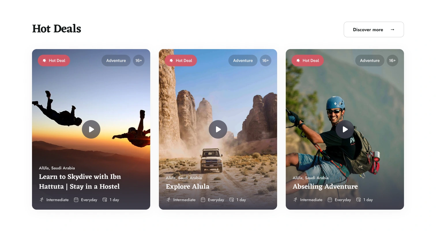 Adventure cards put the destination and experience first.
