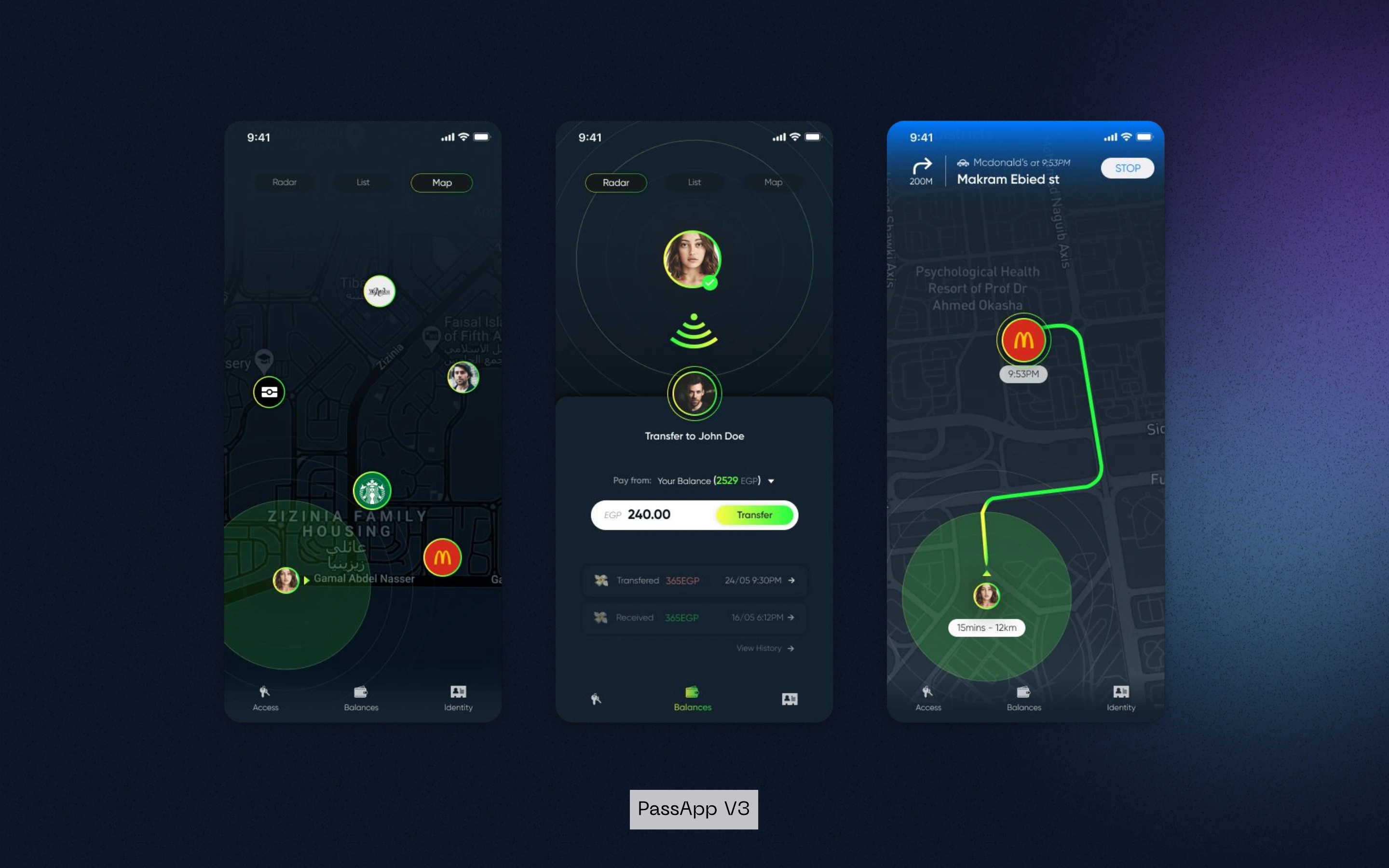 Map discovery, nearby transfers and directions in the V3 design.