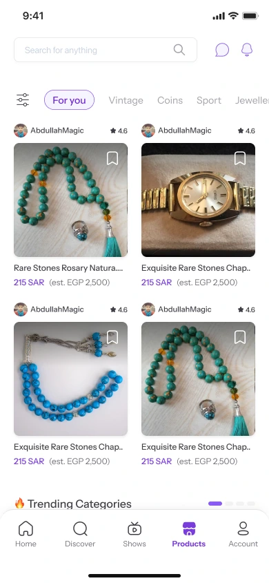 Product browsing with category and seller context.