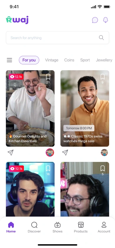 Live shows and discovery on the buyer homepage.