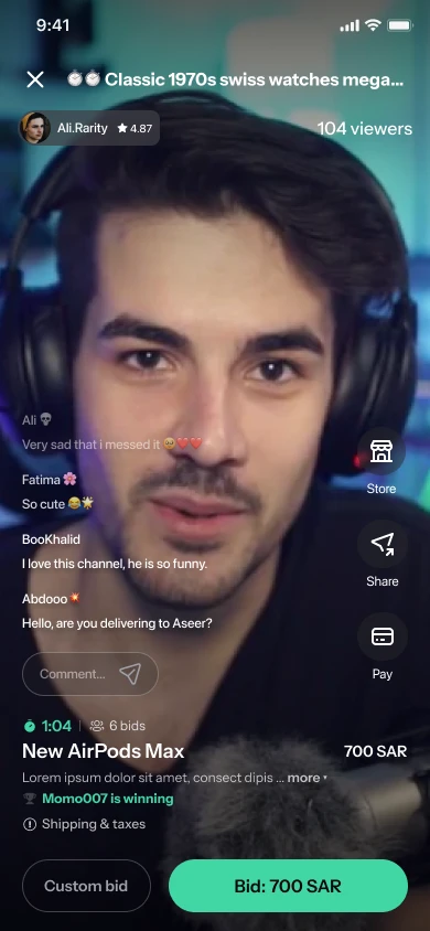 Watching a live show, chatting and bidding in the same view.