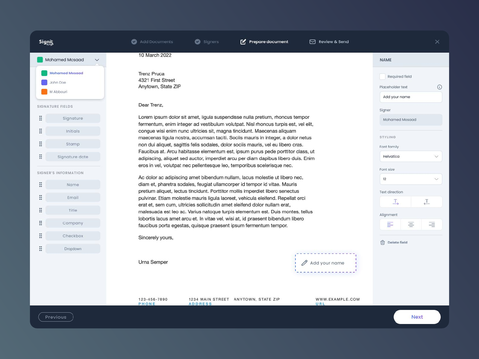 Signit document preparation with signer selection and field controls