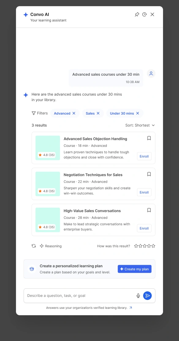A closer view of the assistant’s query, removable level, topic and duration filters, and learning results