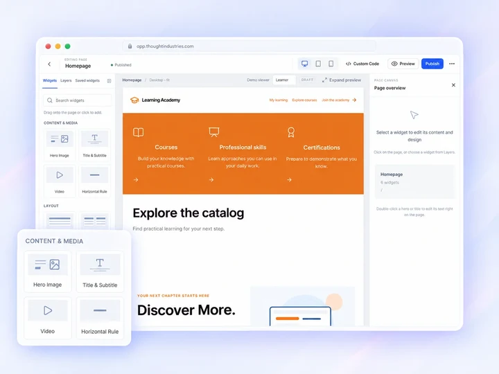 Thought Industries Sitebuilder mockup with the page canvas and a floating widget palette.